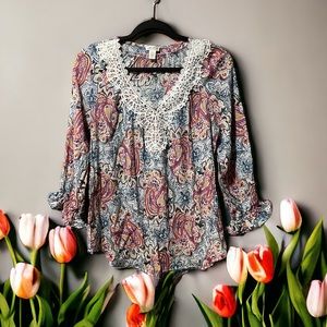 Spense Multi Colour Floral & Paisley Print l/s Top with White Crochet Lace sz M